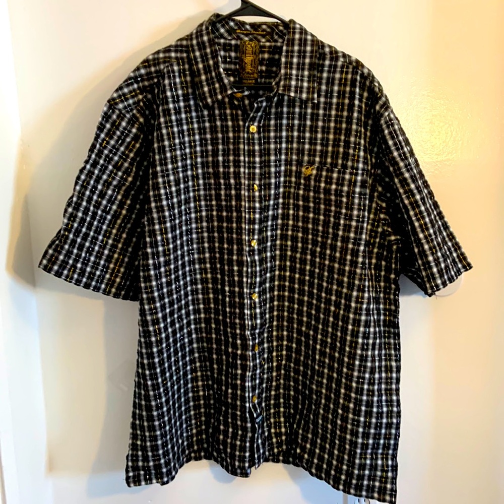South Pole Men's Shirt Hexagon Product Plaid Button up Gold/Silver Stripes. XXL.